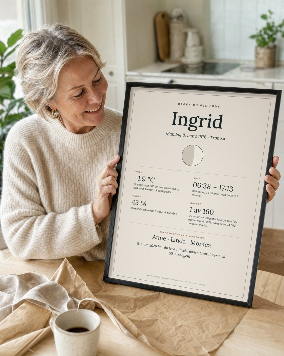 En kvinne rundt 50 pakker opp plakaten for Ingrid i svart ramme