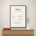 Plakat for Olivia, født 21. juni 2024 i Bergen, i svart treramme. Ekte vær- og navnedata.